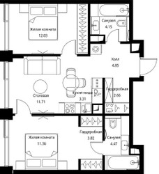 Планировка двухкомнатной(квартира) площадью 58.36 квадратных метров в ЖК “ЖК Сити Бэй”