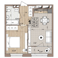 Планировка однокомнатной(квартира) площадью 42.4 квадратных метров в “ЖК Гранд Комфорт”