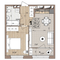 Планировка однокомнатной(квартира) площадью 42.4 квадратных метров в ЖК “ЖК Гранд Комфорт”