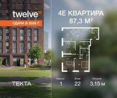 Планировка 4+ комнатной(квартира) площадью 87.3 квадратных метров в “ЖК Твелв”