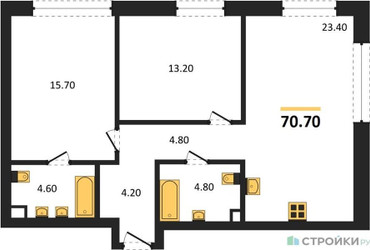 Планировка двухкомнатной(квартира) площадью 70.7 квадратных метров в ЖК “ЖК Шагал”