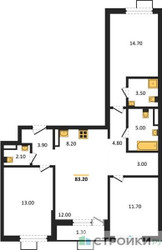 Планировка трехкомнатной(квартира) площадью 83.2 квадратных метров в “ЖК Южные сады”