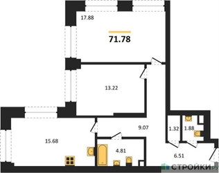 Планировка двухкомнатной(квартира) площадью 71.78 квадратных метров в ЖК “ЖК Sezar City (Сезар Сити)”