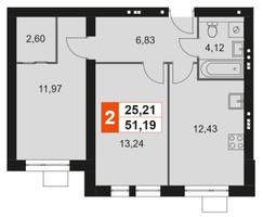 Планировка двухкомнатной(квартира) площадью 51.19 квадратных метров в “Мартемьяново Клаб”