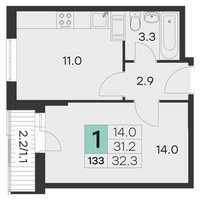 Планировка однокомнатной(квартира) площадью 32.3 квадратных метров в “ЖК Олимп (Хотьково)”