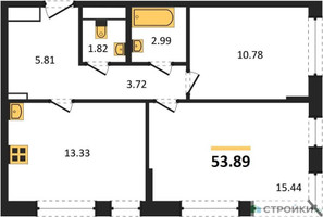 Планировка двухкомнатной(квартира) площадью 53.89 квадратных метров в “ЖК Новое Внуково”