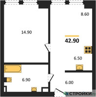 Планировка однокомнатной(квартира) площадью 42.9 квадратных метров в “ЖК Мангазея на Тульской”