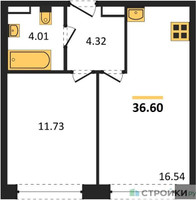 Планировка однокомнатной(апартаменты) площадью 36.6 квадратных метров в “ЖК Движение. Говорово”