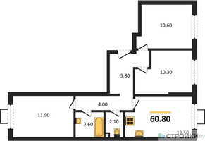 Планировка трехкомнатной(квартира) площадью 60.8 квадратных метров в “ЖК Лучи-2”