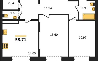 Планировка двухкомнатной(квартира) площадью 58.71 квадратных метров в ЖК “ЖК Новотомилино”