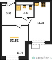 Планировка однокомнатной(квартира) площадью 32.82 квадратных метров в “ЖК Новоград Павлино”