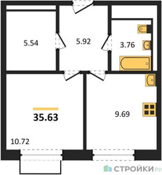 Планировка однокомнатной(квартира) площадью 35.63 квадратных метров в ЖК “ЖК Квартал Марьино”