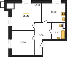 Планировка двухкомнатной(квартира) площадью 56.2 квадратных метров в “ЖК Парк Легенд 2”