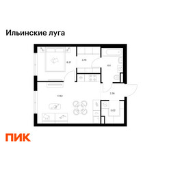 Планировка однокомнатной(квартира) площадью 39.46 квадратных метров в ЖК “ЖК Ильинские луга”