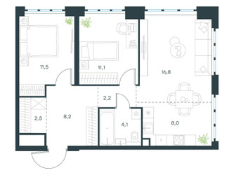 Планировка трехкомнатной(квартира) площадью 64.4 квадратных метров в ЖК “ЖК Level Южнопортовая”