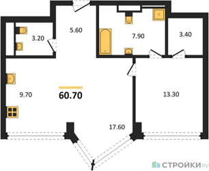 Планировка однокомнатной(квартира) площадью 60.7 квадратных метров в ЖК “ЖК High Life (Хай Лайф)”