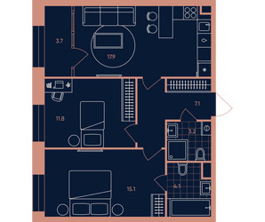 Планировка трехкомнатной(квартира) площадью 62.9 квадратных метров в ЖК “Квартал Эра”