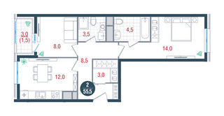 Планировка двухкомнатной(квартира) площадью 55 квадратных метров в “ЖК РУСИЧ-Кантемировский”