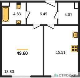 Планировка однокомнатной(квартира) площадью 49.6 квадратных метров в ЖК “Квартал Foriver”