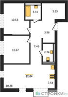 Планировка двухкомнатной(квартира) площадью 62.04 квадратных метров в “ЖК Новое Внуково”