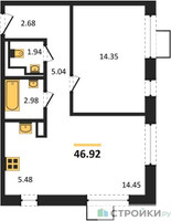 Планировка однокомнатной(квартира) площадью 46.92 квадратных метров в “ЖК Алхимово”