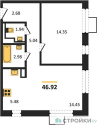 Планировка однокомнатной(квартира) площадью 46.92 квадратных метров в ЖК “ЖК Алхимово”