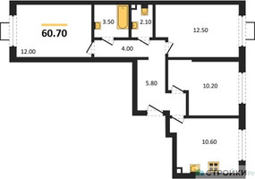 Планировка трехкомнатной(квартира) площадью 60.7 квадратных метров в “ЖК Лучи-2”