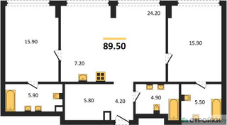 Планировка двухкомнатной(квартира) площадью 89.5 квадратных метров в “ЖК River Park Кутузовский (Ривер Парк Тауэрс)”