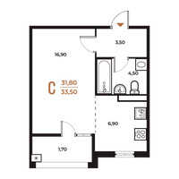 Планировка студии(квартира) площадью 33.5 квадратных метров в “ЖК Новое Летово”