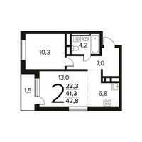 Планировка двухкомнатной(квартира) площадью 42.8 квадратных метров в “Новые Ватутинки. Заречный”