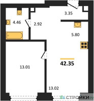 Планировка однокомнатной(квартира) площадью 42.35 квадратных метров в “ЖК TATE (Тэйт)”