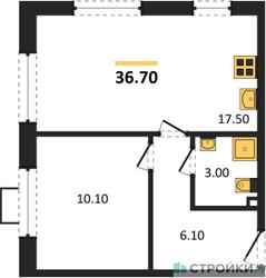 Планировка однокомнатной(квартира) площадью 36.7 квадратных метров в ЖК “ЖК Лучи-2”