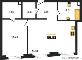 Планировка однокомнатной(квартира) площадью 59.53 квадратных метров в ЖК “ЖК Гранд Фили”
