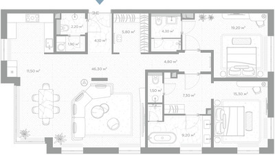 Планировка двухкомнатной(квартира) площадью 133.4 квадратных метров в ЖК “ЖК Николь”