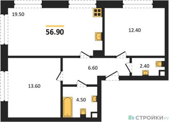Планировка двухкомнатной(квартира) площадью 56.9 квадратных метров в ЖК “ЖК ЗИЛАРТ”