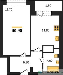 Планировка однокомнатной(квартира) площадью 40.9 квадратных метров в ЖК “ЖК Самоцветы мира”