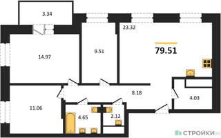 Планировка трехкомнатной(квартира) площадью 79.51 квадратных метров в “ЖК ВОСТОК II”