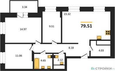 Планировка трехкомнатной(квартира) площадью 79.51 квадратных метров в ЖК “ЖК ВОСТОК II”