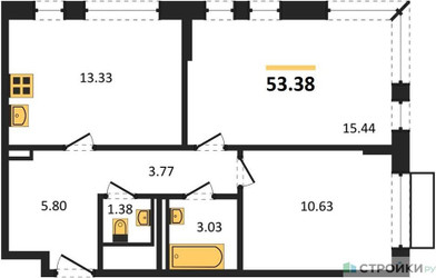 Планировка двухкомнатной(квартира) площадью 53.38 квадратных метров в “ЖК Рублевский Квартал”
