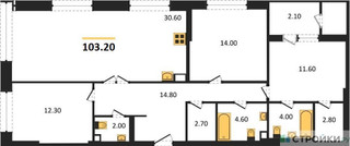 Планировка трехкомнатной(квартира) площадью 103.2 квадратных метров в “ЖК Sky Garden (Скай Гарден)”