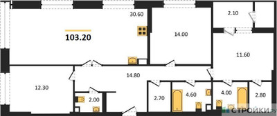 Планировка трехкомнатной(квартира) площадью 103.2 квадратных метров в ЖК “ЖК Sky Garden (Скай Гарден)”