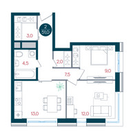 Планировка двухкомнатной(квартира) площадью 51 квадратных метров в “ЖК РУСИЧ-Кантемировский”