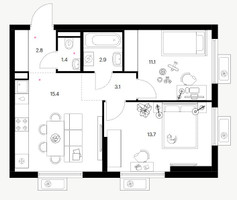 Планировка двухкомнатной(квартира) площадью 50.4 квадратных метров в “ЖК Белая Дача парк”