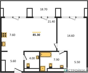 Планировка однокомнатной(квартира) площадью 85.3 квадратных метров в ЖК “ЖК OPUS (Опус)”
