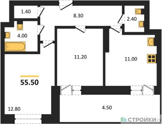 Планировка двухкомнатной(квартира) площадью 55.5 квадратных метров в ЖК “ЖК Рассказово”