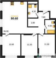 Планировка трехкомнатной(квартира) площадью 80.6 квадратных метров в “ЖК Сиреневый парк”