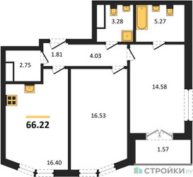 Планировка двухкомнатной(квартира) площадью 66.22 квадратных метров в ЖК “ЖК Sezar City (Сезар Сити)”