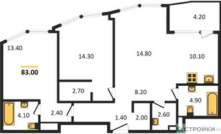 Планировка двухкомнатной(квартира) площадью 83 квадратных метров в “ЖК ROTTERDAM (Роттердам)”