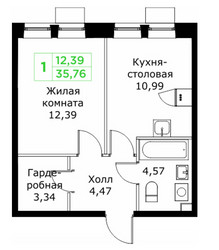 Планировка однокомнатной(квартира) площадью 35.76 квадратных метров в ЖК “ЖК КИТ 2”
