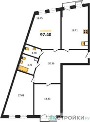 Планировка трехкомнатной(квартира) площадью 97.4 квадратных метров в ЖК “ЖК Эльйон”